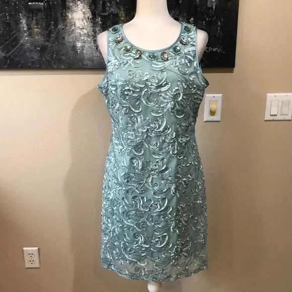 Jessica Howard Sea FoamGreen Floral Ribbon Midi Dress w/Embellished Neckline-12 - Picture 1 of 10